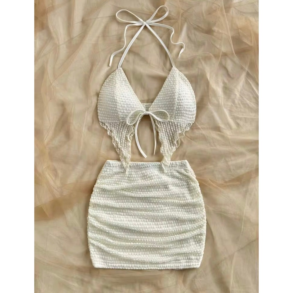Fairycore Popcorn Textured Y2K Halter Handkerchief Top and Mini Skirt Set Large